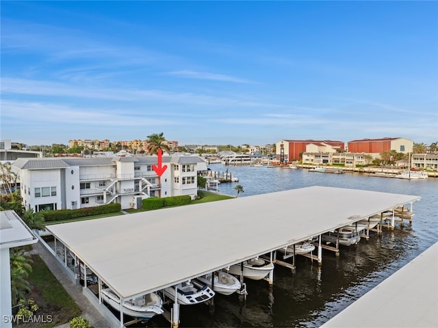 dock area with a water view