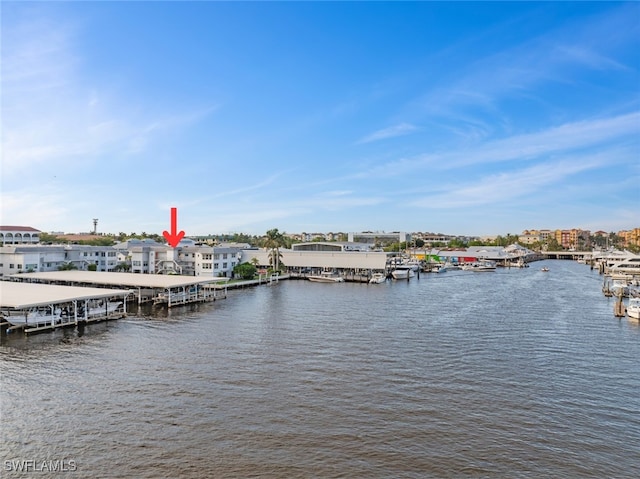 view of dock with a water view