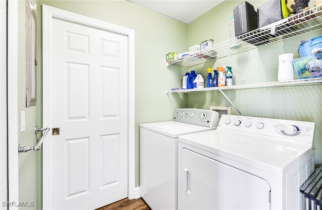 clothes washing area featuring laundry area, dark wood-style flooring, and separate washer and dryer