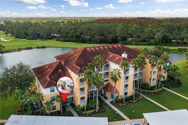 aerial view featuring a water view