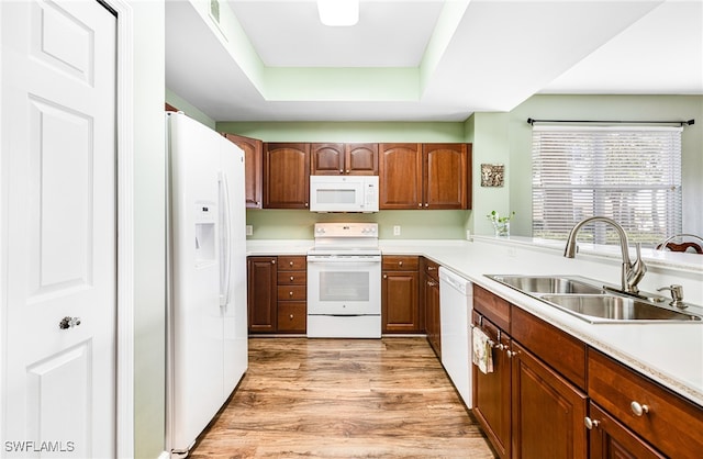 kitchen featuring a tray ceiling, light wood finished floors, light countertops, a sink, and white appliances