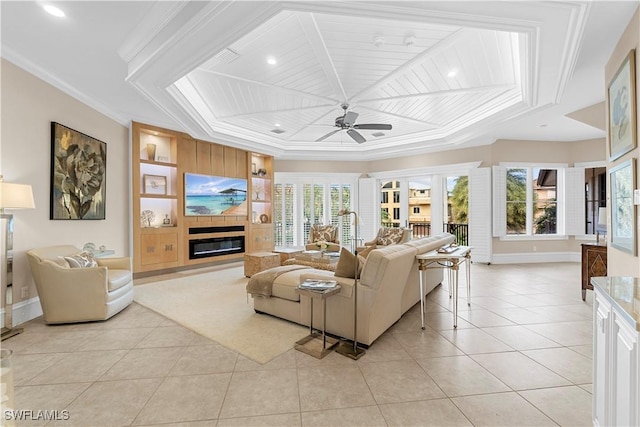 living room with ceiling fan, crown molding, light tile patterned flooring, and built in features