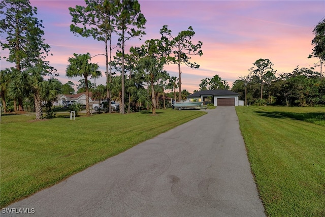 view of front of house with a yard and a garage