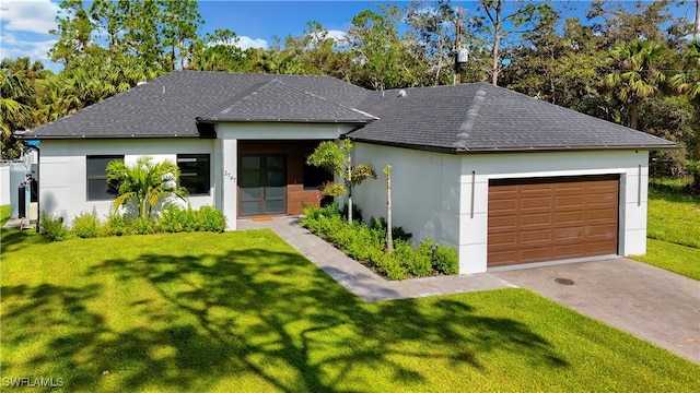 ranch-style home with a front yard and a garage