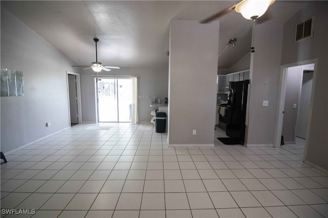 unfurnished living room featuring high vaulted ceiling, ceiling fan, and light tile patterned flooring