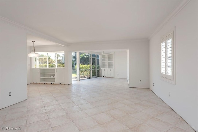 unfurnished room featuring beamed ceiling, built in features, and ornamental molding