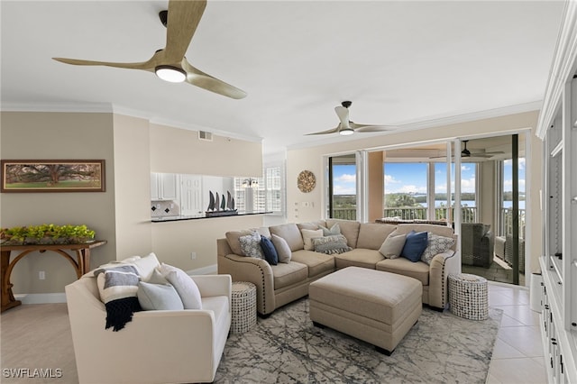 269 Vintage Bay Dr Unit C-13, Marco Island, FL 34145 - living area with ceiling fan, ornamental molding, light tile patterned floors, and a water view