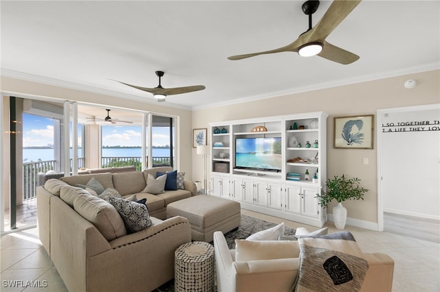 tiled living room featuring crown molding and ceiling fan