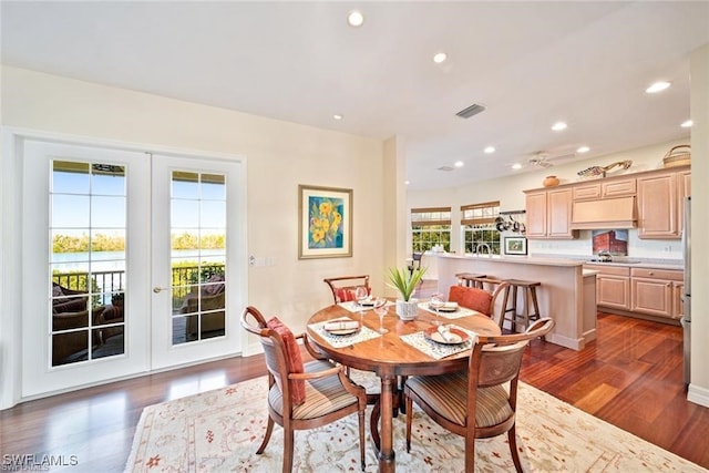 dining area with a wealth of natural light, dark hardwood / wood-style flooring, and french doors