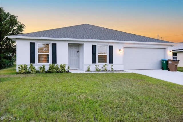 ranch-style home with a yard and a garage