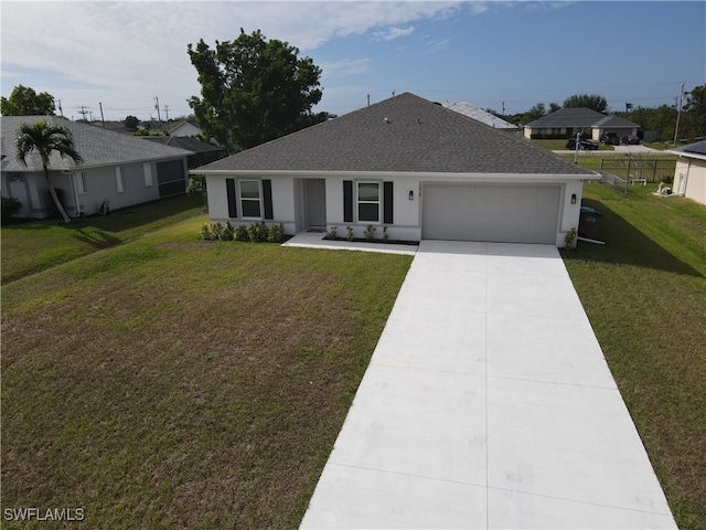 ranch-style home with a front yard and a garage