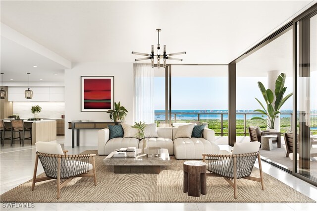 living room featuring ceiling fan, light tile patterned flooring, a water view, and floor to ceiling windows