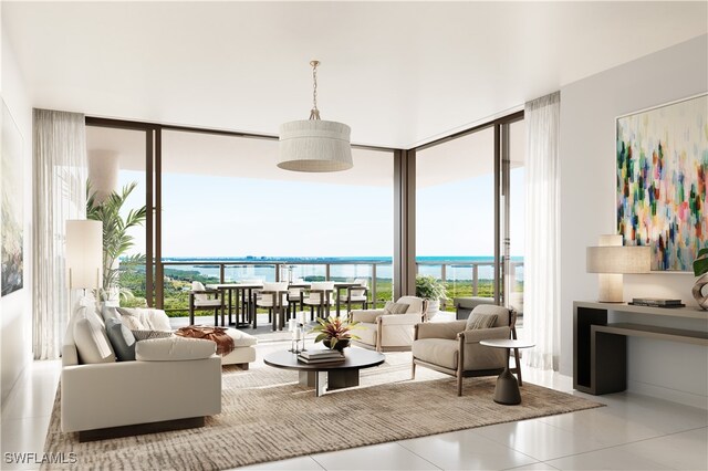 interior space featuring a water view and light tile patterned flooring