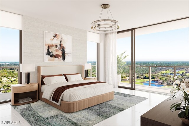 tiled bedroom featuring access to outside and an inviting chandelier