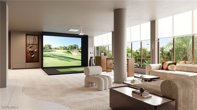 playroom featuring floor to ceiling windows and golf simulator