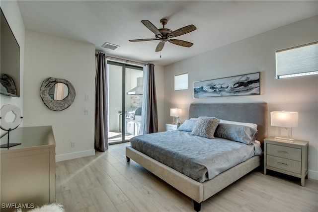 bedroom with ceiling fan, light wood-type flooring, access to outside, and multiple windows