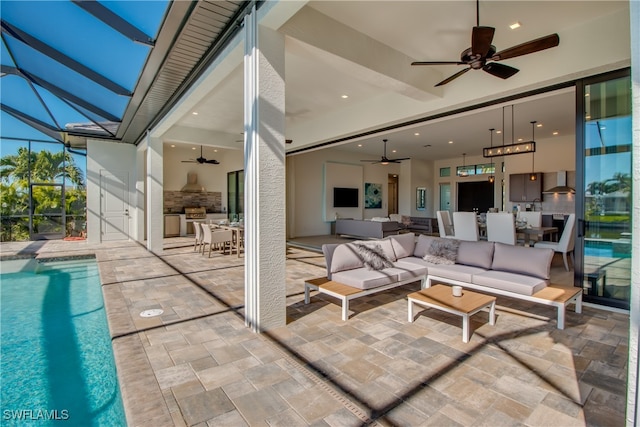 exterior space with beamed ceiling and ceiling fan