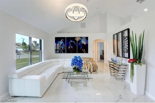 living room with a chandelier