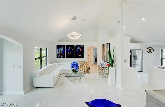 living room with lofted ceiling