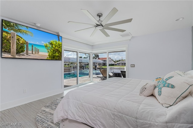 bedroom with access to exterior, ceiling fan, and crown molding