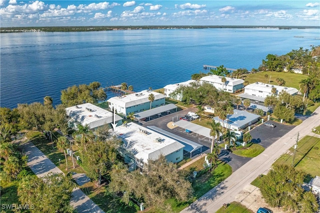 bird's eye view with a water view