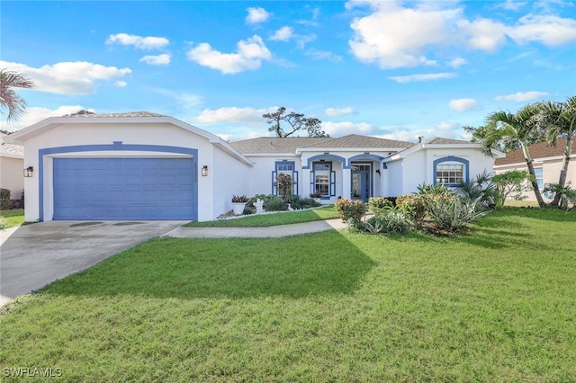 single story home featuring a front yard and a garage