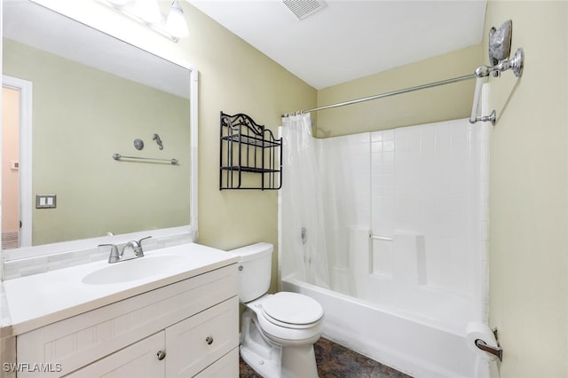 full bathroom with vanity, shower / bathtub combination with curtain, and toilet