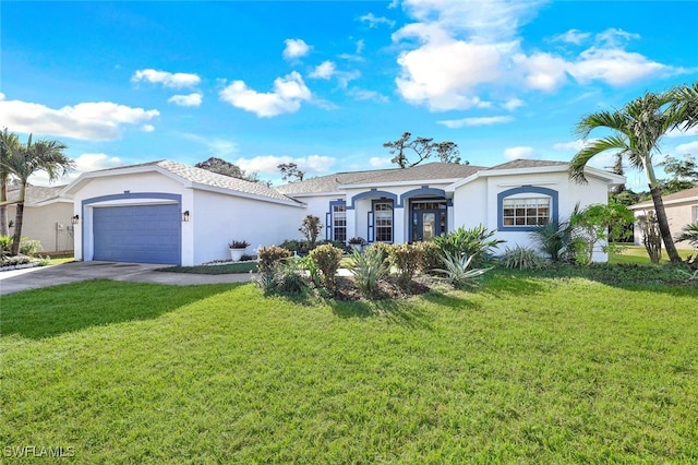 ranch-style house with a garage and a front lawn