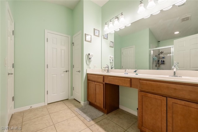 bathroom with tile patterned flooring, vanity, and an enclosed shower