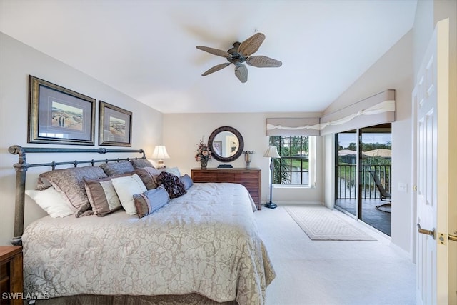 bedroom with access to exterior, carpet, ceiling fan, and lofted ceiling