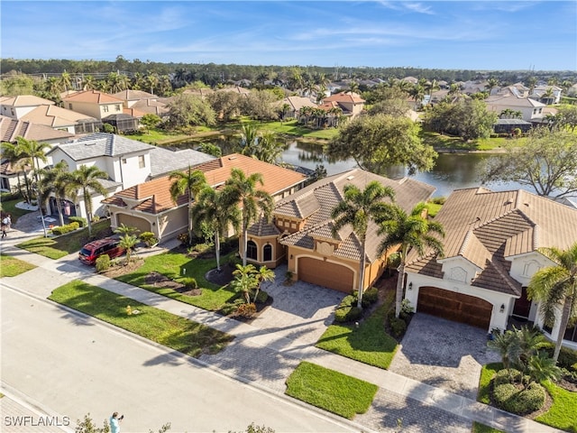 drone / aerial view with a water view