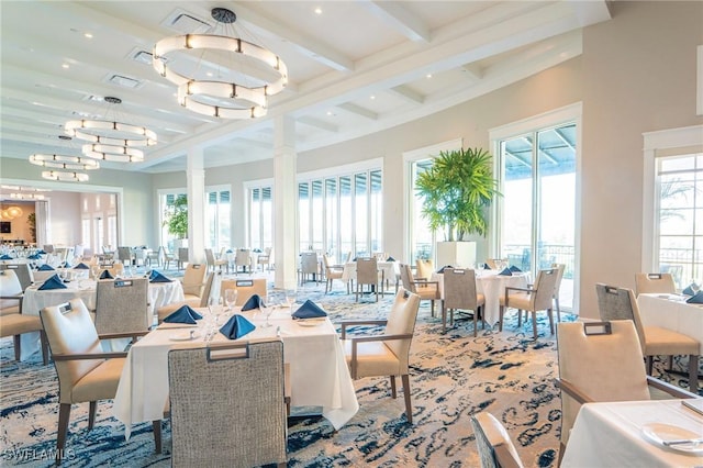 5100 Baybridge Blvd Unit 1901, Estero, FL 33928 - dining space featuring beam ceiling, a chandelier, recessed lighting, and coffered ceiling