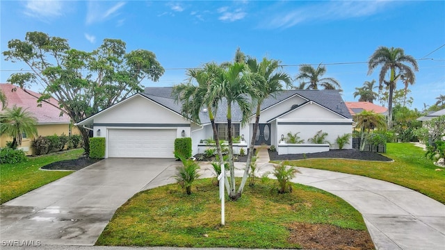 single story home with a front yard and a garage