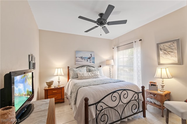 bedroom featuring ceiling fan and light tile patterned floors