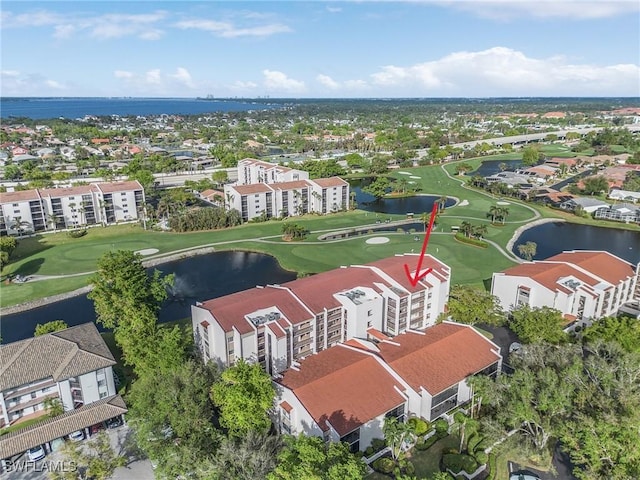 bird's eye view with a water view