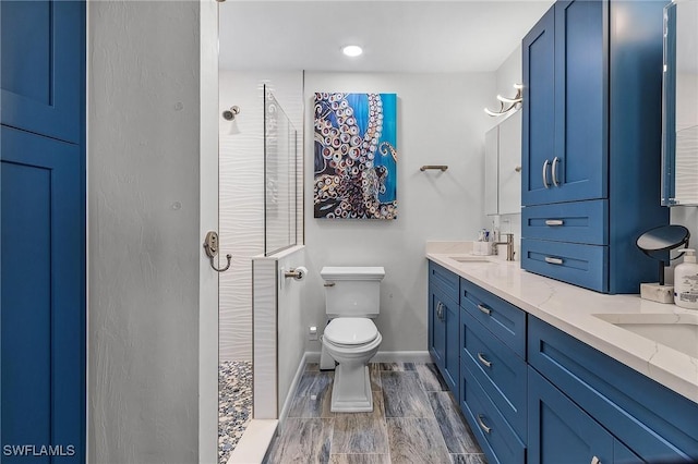 bathroom with vanity, toilet, and walk in shower