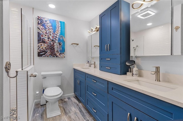 bathroom with a shower, vanity, and toilet