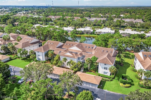 bird's eye view with a water view