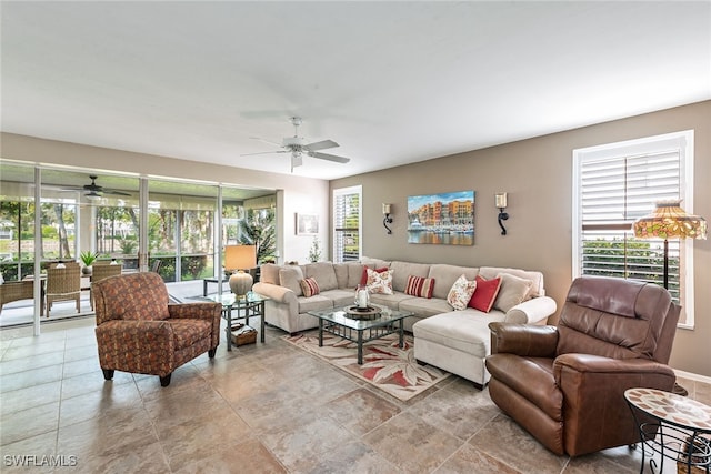 living room featuring ceiling fan