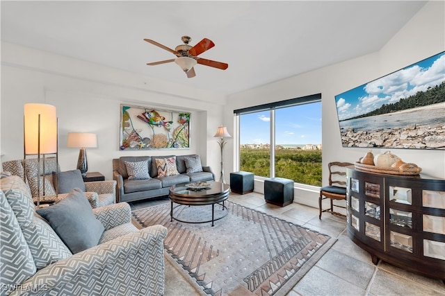 living room featuring ceiling fan