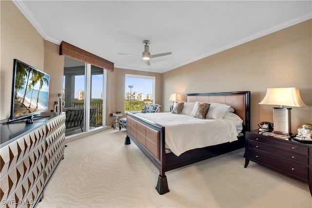 bedroom featuring light carpet, access to outside, ceiling fan, and crown molding