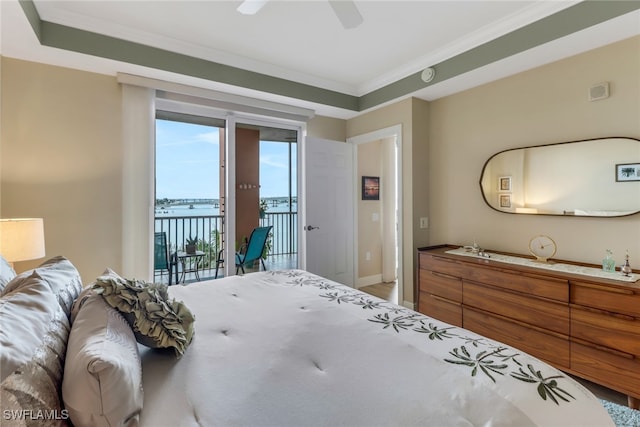 bedroom with access to exterior, crown molding, baseboards, and ceiling fan