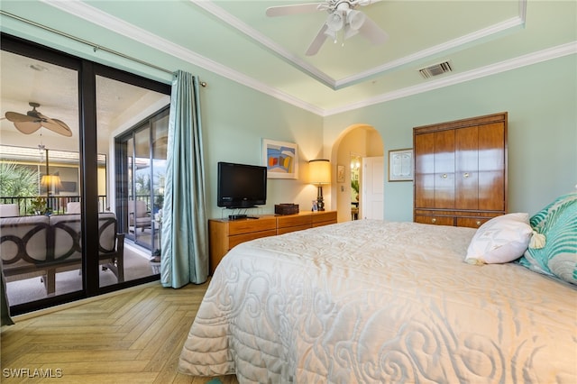 bedroom with access to exterior, ceiling fan, crown molding, and parquet floors