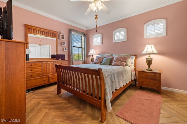 bedroom with ceiling fan, ornamental molding, and light parquet floors