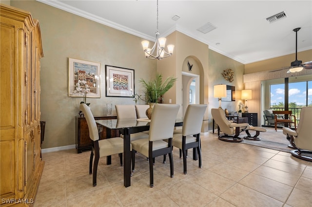 tiled dining space with ceiling fan with notable chandelier and ornamental molding