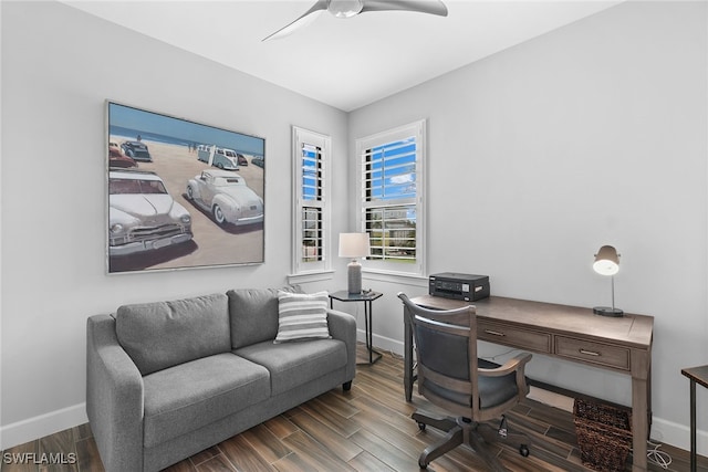 office area featuring ceiling fan and dark hardwood / wood-style flooring