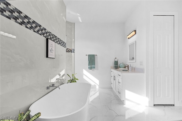 bathroom featuring a washtub, vanity, and tile walls