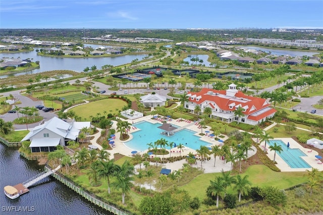 drone / aerial view featuring a water view