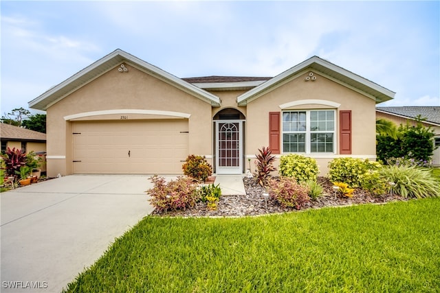 single story home featuring a front yard and a garage