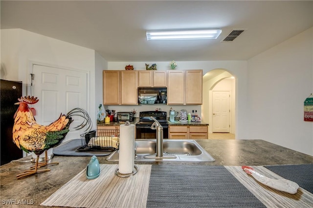 kitchen featuring light brown cabinetry, black appliances, and sink